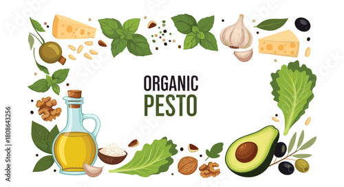 A vibrant frame of fresh organic pesto ingredients including basil, pine nuts, parmesan cheese, olive oil, and garlic on a white background.