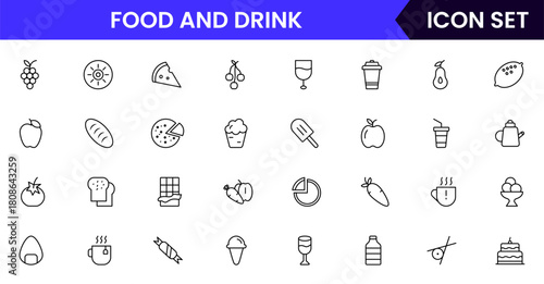 Food and drink web icons in line style. Meal, restaurant, dishes, fruits, fast food, burger, pizza, coffee, sandwich, collection. Vector illustration.