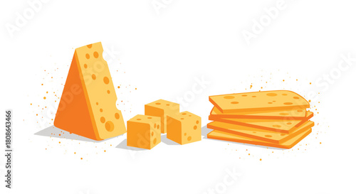 A vibrant illustration showcasing various forms of delicious yellow cheese, including a wedge, cubes, and stacked slices, isolated on a white background.