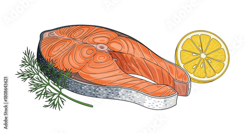 An illustrative depiction of a fresh raw salmon steak, accompanied by vibrant green dill and a sliced lemon, isolated on a white background.