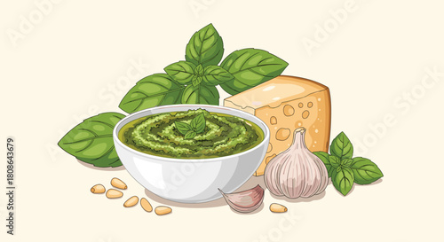 Delicious homemade pesto sauce in a white bowl, surrounded by fresh basil leaves, parmesan cheese, garlic, and pine nuts.