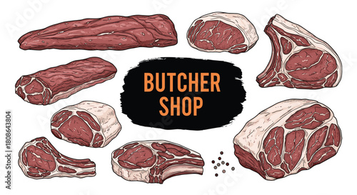 A collection of fresh, raw beef cuts, including steaks, roasts, and chops, illustrated in a vintage hand-drawn style for a butcher shop advertisement.