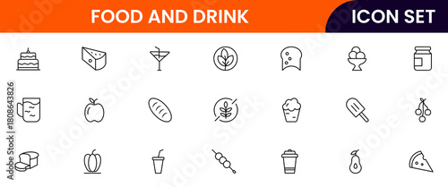 Food and drink web icons in line style. Meal, restaurant, dishes, fruits, fast food, burger, pizza, coffee, sandwich, collection. Vector illustration.