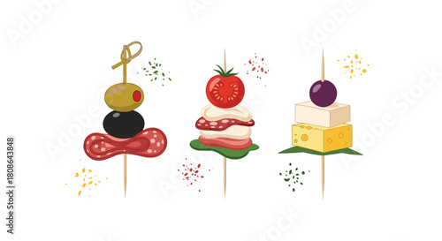 A vibrant illustration featuring three distinct gourmet appetizers on skewers, including olives, salami, cheese, tomato, and basil, perfect for party snacks.