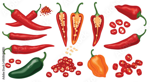 A vibrant collection of chili peppers, showcasing whole, sliced, and halved red, green, and orange varieties, with flakes and seeds for culinary use.