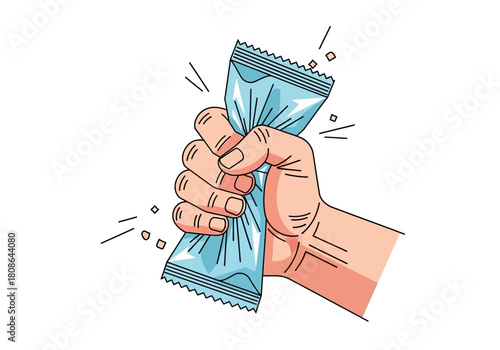 Hand Squeezing a Blue Packet with Forceful Grip.