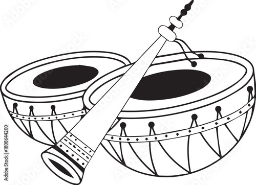 Traditional Musical Instrument Vector Featuring Hand Drums and Wind Horn for Cultural, Folk, and Classical Music Design Themes
