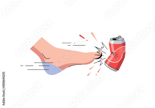 Artwork depicting a foot kicking a crushed beverage can, illustrating impact and consequence