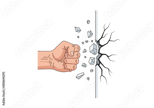 Hand punching through wall concept powerful fist breaking barrier, resilience illustration