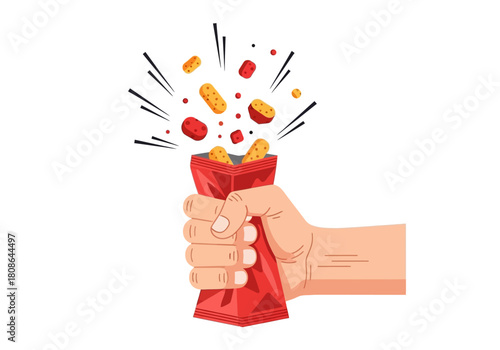 Hand Squeezing a Bag of Snacks with Exploding Contents.