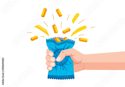 Hand Squeezing Snack Bag with Flying Chips.