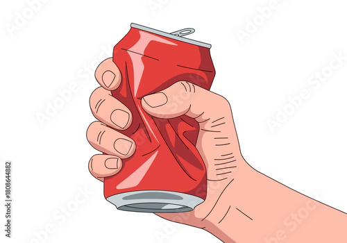 Hand Crushing a Red Soda Can Illustration.