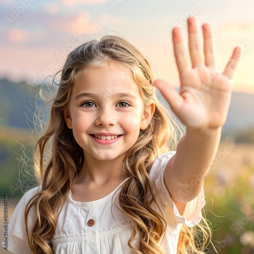 A young girl with flowing blonde hair smiles, holding up her hand with fingers spread. Soft sunlight bathes her face and background
