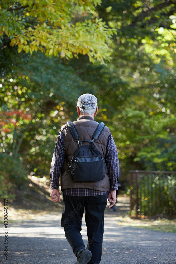 Obraz premium 秋の朝の公園で散歩するシニア男性の姿