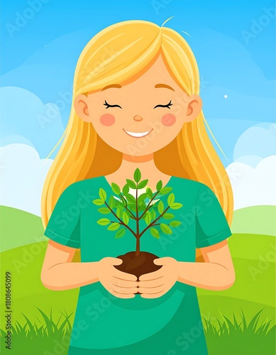 A young girl, with long blond hair and a green shirt, holds a small tree with closed eyes, smiling at the viewer against a bright outdoor background