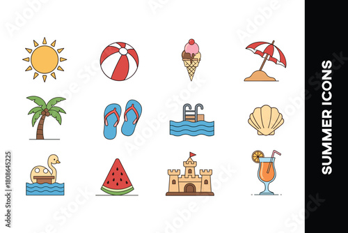 summer vacation and beach resort flat line color icons set