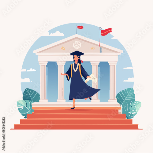 Celebrate Academic Achievement A Student's Graduation Joy, Proudly Walking from the University Steps with Certificate