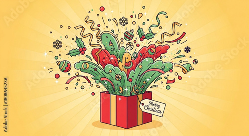 Festive Christmas joy explodes from a vibrant gift box with ribbons, holly, and ornaments, perfect for holiday greetings and seasonal promotions