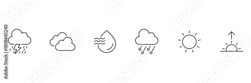 Weather forecast line icon set. Rainy, storm, snow, cloudy, windy, day, summer, winter, flat icons. set weather climate clouds sun temperature. Weather icon set.
