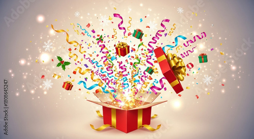 Unwrap Joy with a Burst of Confetti and Gifts from an Open Box for a Festive Celebration, Perfect for Holidays and Special Occasions, Originally Vector