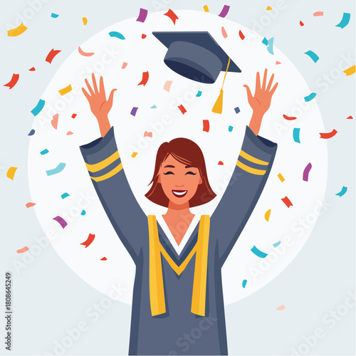 Celebratory illustration depicting a joyous graduate, adorned in cap and gown, exuberantly tossing her mortarboard amidst a cascade of vibrant confetti, commemorating the moment of graduation