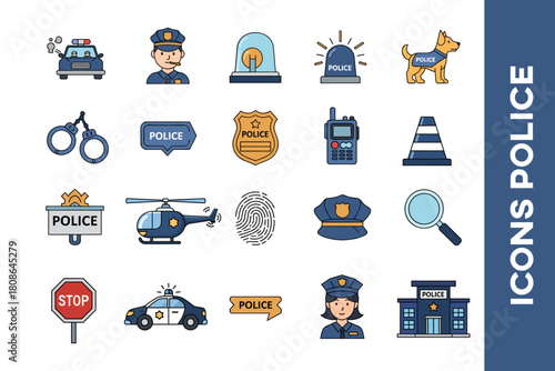 police and law enforcement flat line color icons set