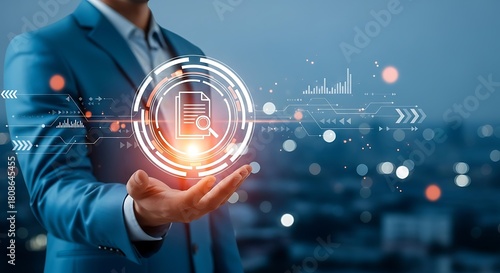 Man in suit presenting a digital document with magnifying glass and charts business technology