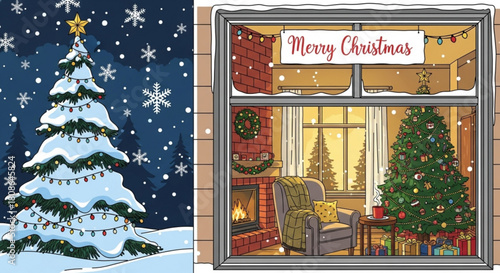 Festive holiday cheer with a snowy Christmas tree scene and cozy fireplace view, ideal for seasonal greetings and warm wishes, originally from vector art