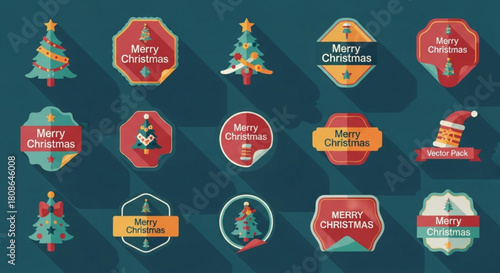 Festive Merry Christmas sticker icons for joyful holiday greetings, adding a touch of seasonal cheer to your designs with these charming vector elements