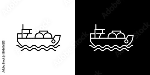 Line art icon depicting a cargo ship sailing on water waves, on white and black backgrounds