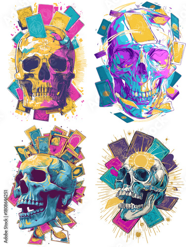 Colorful geometric skull illustrations made of abstract fragments and vibrant shapes. Modern artistic designs combining anatomy with expressive patterns and dynamic creative energy.