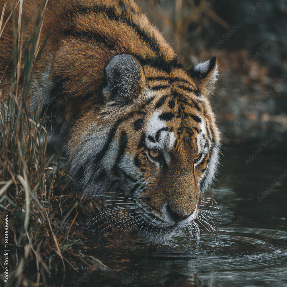 Obraz premium A close up tiger animal in the forest near the lake, portrait photo.