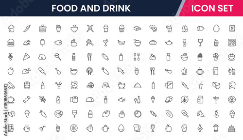 Food and drink web icons in line style. Meal, restaurant, dishes, fruits, fast food, burger, pizza, coffee, sandwich, collection. Vector illustration.