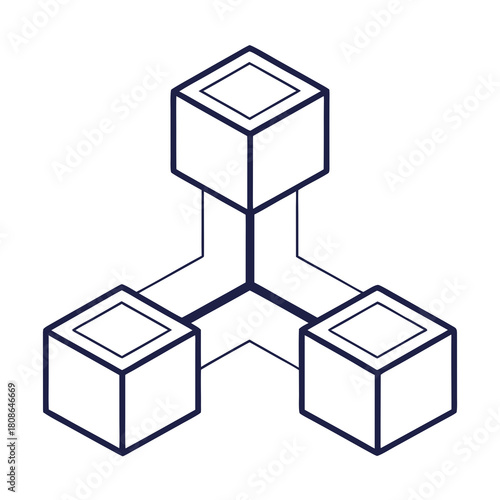 Abstract network of three dimensional cubes connected in a minimalist illustration