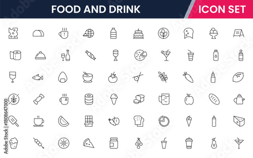 Food and drink web icons in line style. Meal, restaurant, dishes, fruits, fast food, burger, pizza, coffee, sandwich, collection. Vector illustration.