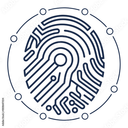 Digital fingerprint icon with integrated circuit lines and connecting nodes