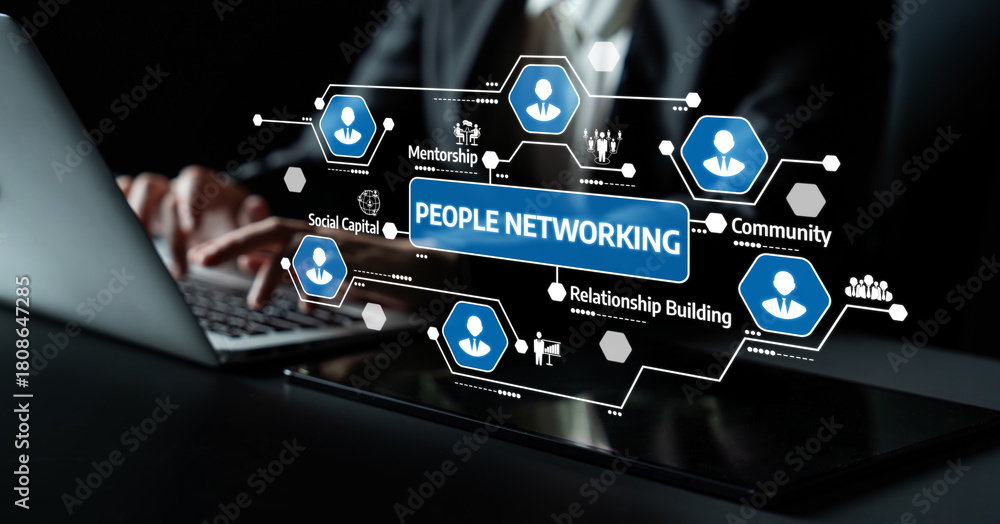 Fototapeta premium A professional setting showcasing digital networking icons, highlighting the importance of community and mentorship in fostering relationships and collaboration in business environments. Tessel