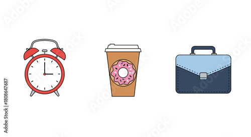 Start your day right with a coffee, donut, and your briefcase beside the alarm clock for a successful business day ahead, professionally designed
