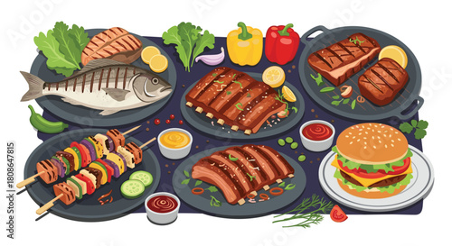 Delicious barbecue spread featuring ribs, fish, steak, burger, and skewers for a summer party, creating a mouthwatering feast for food lovers