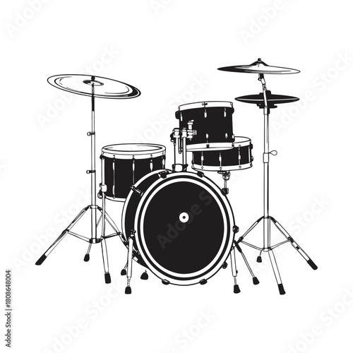 Black and white illustration of a drum set in hand drawn style vector
