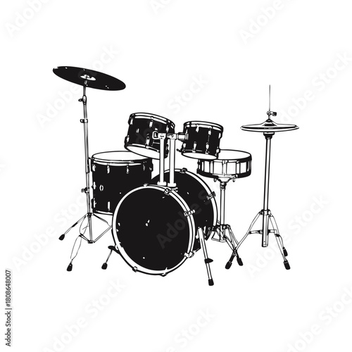 Black and white illustration of a drum set in hand drawn style vector