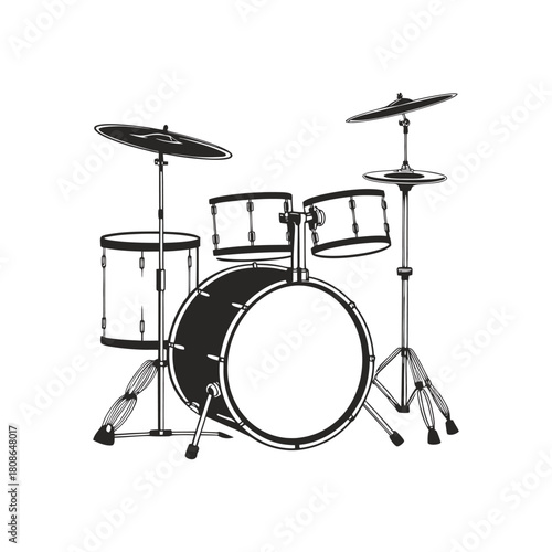 Black and white illustration of a drum set in hand drawn style vector