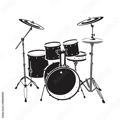 Black and white illustration of a drum set in hand drawn style vector