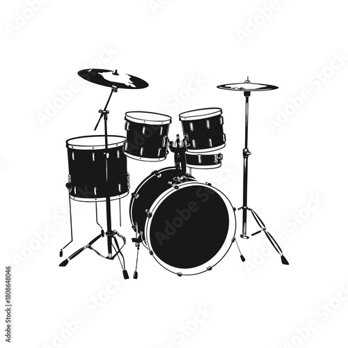Black and white illustration of a drum set in hand drawn style vector