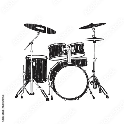 Black and white illustration of a drum set in hand drawn style vector