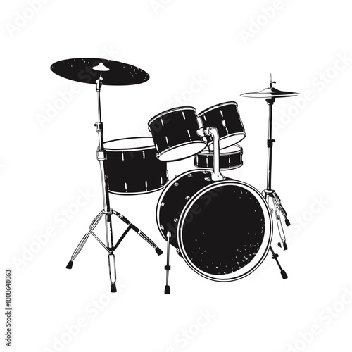 Black and white illustration of a drum set in hand drawn style vector