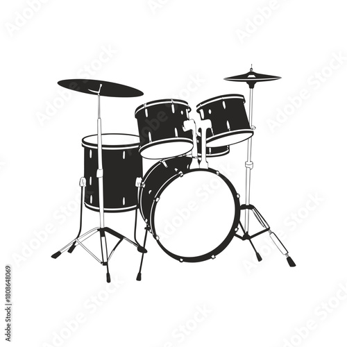 Black and white illustration of a drum set in hand drawn style vector