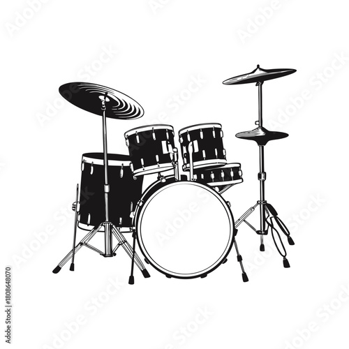 Black and white illustration of a drum set in hand drawn style vector