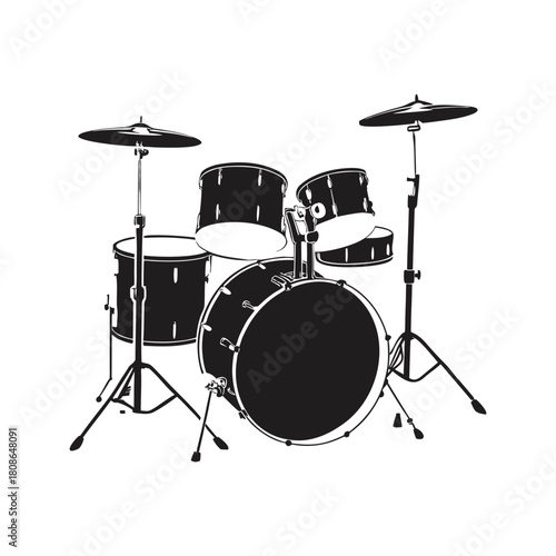 Black and white illustration of a drum set in hand drawn style vector