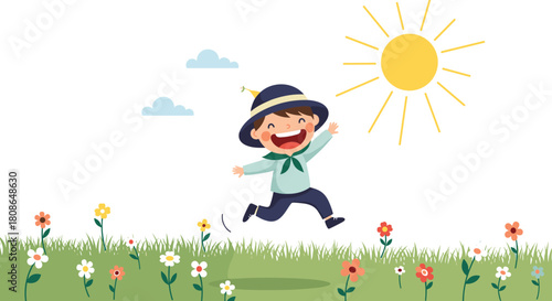 Joyful cartoon boy skips happily through a flower-filled meadow under the bright sunshine, radiating happiness and playful energy for children's content